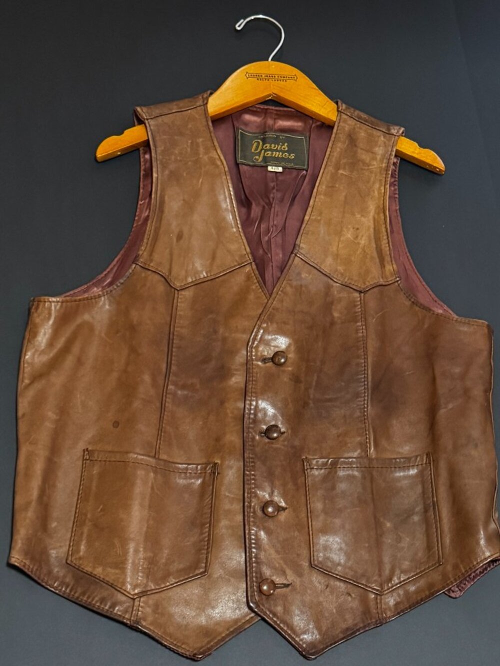 Vintage Men's Genuine Brown Leather Western Vest 42R David James Made in USA